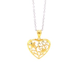 Flower Heart Pendant Necklace-  Gold Plated on 925 Sterling Silver- Silver Adjustable Necklace 16&quot;-18&quot;