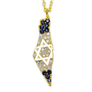 Collier avec pendentif en or Israël - Plaqué or sur argent sterling 925 - Zirconium et saphir - Carte d'Israël - Juif - Chaîne en or réglable