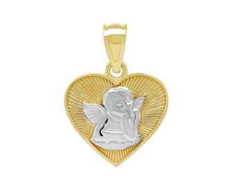Dije de ángel querubín con corazón de oro macizo de 10 quilates - Colgante de ángel bebé - Colgante de corazón - Cadena de oro opcional