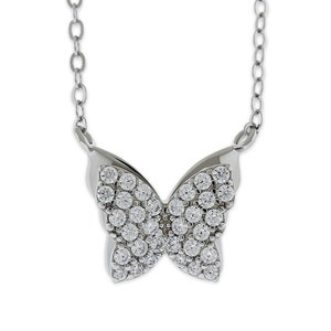 Silver Butterfly Necklace with Cubic Zirconia Stones - 925 Sterling Silver - 3D Butterfly  - Adjustable Silver Necklace 16”-18” Included!