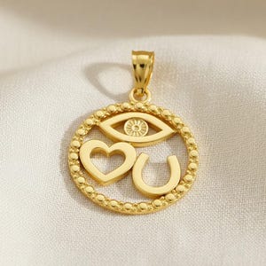 Amuleto de la suerte de oro con ojo malvado y herradura - Oro de 10 quilates - Amuleto de corazón - Colgante de ojo malvado - Joyería de herradura