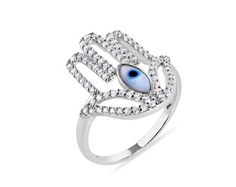 Silver Evil Eye Hamsa Hand Ring - 925 Sterling Silver/ Cubic Zirconia - Hamsa Ring - Hand of Fatima Jewelry - Evil Eye Jewelry