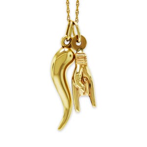 Gold Italian Horn with Hand Sign Pendant - 10 Karat Gold - Optional Gold Chain - 3D Good Luck Hand Sign - Italian Mano Cornuto Hand