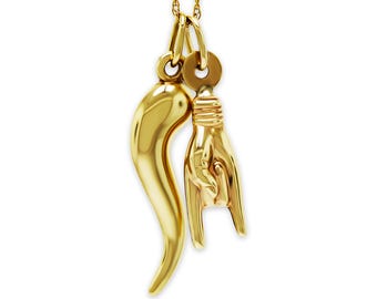 Gold Italian Horn with Hand Sign Pendant - 10 Karat Gold - Optional Gold Chain - 3D Good Luck Hand Sign - Italian Mano Cornuto Hand