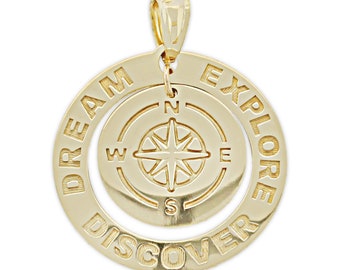 Gold Compass Charm with Text - 10 Karat Solid Gold - Compass Pendant Necklace - Optional 10k Gold Chain