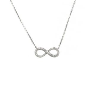 May include: A silver infinity necklace with a pave setting of clear cubic zirconia stones.