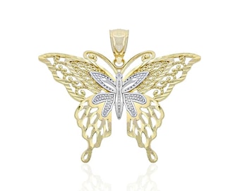 Gold diamantgeschliffene Schmetterling Charm Halskette - 10 Karat Solid Gold - Schmetterling Anhänger Schmuck - Optional Gold Kette