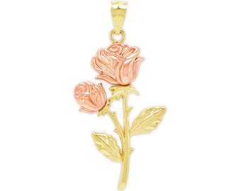 Gold Long Stem Double Rose Charm with Optional Chain - 10 Karat Solid Gold - Rose Pendant - Rose Charm Jewelry