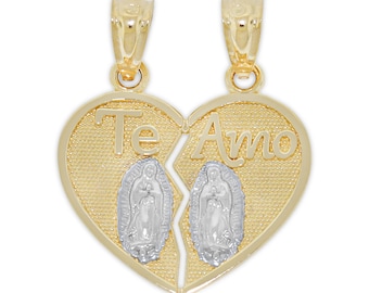 Guldfärgad "Te Amo" Guadalupe Break Apart Hjärtberlock - 14 karat massivt guld, Jag älskar dig, Vår Fru av Guadalupe, Jungfru Maria