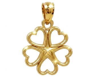 Dije de trébol de cuatro hojas con corazón dorado - Colgante de trébol de cuatro hojas - Oro macizo de 10 quilates con cadena de cuerda opcional - Colgante de trébol - Collar de trébol