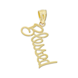 &quot;Gold Vertikaler &quot;&quot;Gesegneter&quot;&quot; Anhänger - 10 Karat Massivgold mit Optionalen Goldketten!&quot; - Gold Blessed Halsketten-Anhänger - Schreibschrift-Anhänger