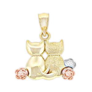Gold Sitting Cats Charm Pendant  - 10 Karat Solid Gold with Optional Rope Chain - Gold Cat Charm - Cat Necklace