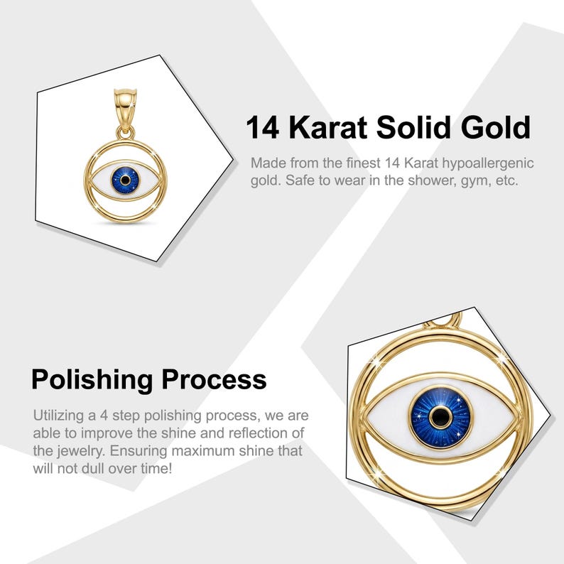K&ouml;nnte beinhalten: Ein goldener Anh&auml;nger mit einem Augendesign, wei&szlig;em Emaille-Rand und einer tiefblauen Iris mit schwarzer Pupille. Der Text lautet 14 Karat Solid Gold und Polishing Process. Das Schmuckst&uuml;ck ist in zwei Ansichten mit poliertem Goldfinish zu sehen.