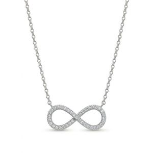 May include: A silver-toned necklace featuring an infinity symbol pendant centered on a delicate chain. The infinity charm is encrusted with small, clear, sparkling stones along its entire surface, creating a continuous loop design.