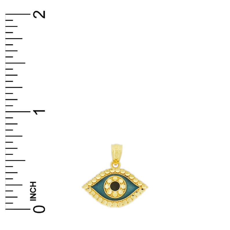May include: Gold evil eye pendant with a blue enamel eye and a black center. The pendant is surrounded by a circle of gold beads.