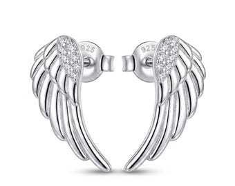 Silver Angel Wing Earring Studs - 925 Sterling Silver / Gold Plated - Cubic Zirconia Stones - Angel Earring