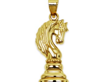 Gold Knight Chess Pendant Necklace - 10 Karat Gold - Chess Jewelry - Chess Medallion - Knight Jewelry - Optional Gold Chain