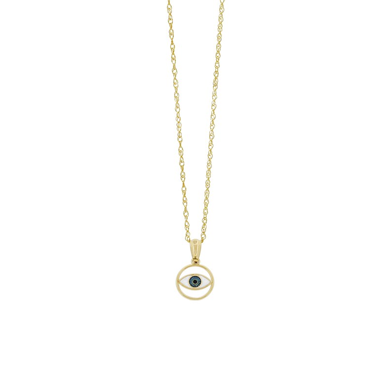 K&ouml;nnte beinhalten: Eine goldfarbene Halskette mit einer zarten gedrehten Kette und einem runden Anh&auml;nger. Der Anh&auml;nger zeigt ein Augenmotiv mit wei&szlig;em Hintergrund, einer blauen Iris und einer schwarzen Pupille, eingefasst in einen d&uuml;nnen goldfarbenen Ring.