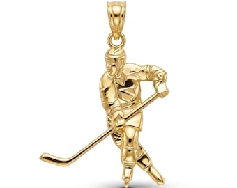 Goldener Hockeyspieler-Anhänger – 10 Karat Massivgold mit optionaler Kordelkette – Hockey-Anhänger