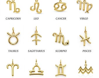 Guldfärgad zodiakhängehalsband - 10 karat massivt guld - Astrologihalsband - Valfri guldkedja 1 mm - Horoskophalsband