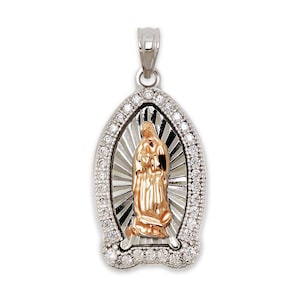 Silver Lady of Guadalupe Pendant Charm - 925 Sterling Silver - Cubic Zirconia- Religious Jewelry - Virgin Mary Jewelry