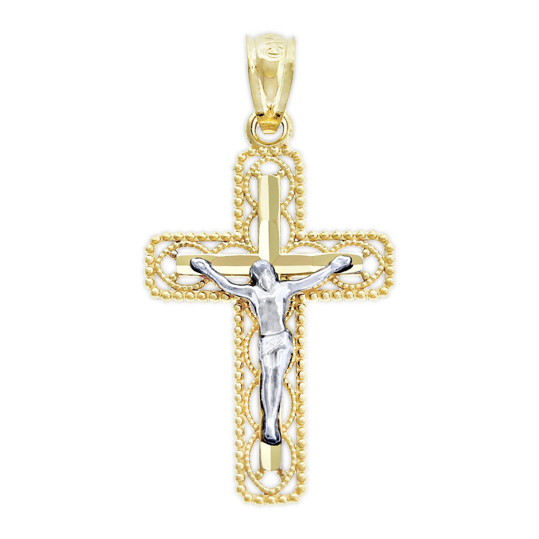 Echt 14k Bicolor Gold 1,25" Latein Kreuz Kruzifix Religiös