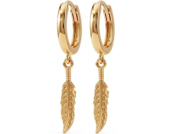 Gold Feather Earring - Gold Earring - 10 Karat Solid Gold - Gold Feather - Dangle Earring - Feather Stud Earring - Gold Earring