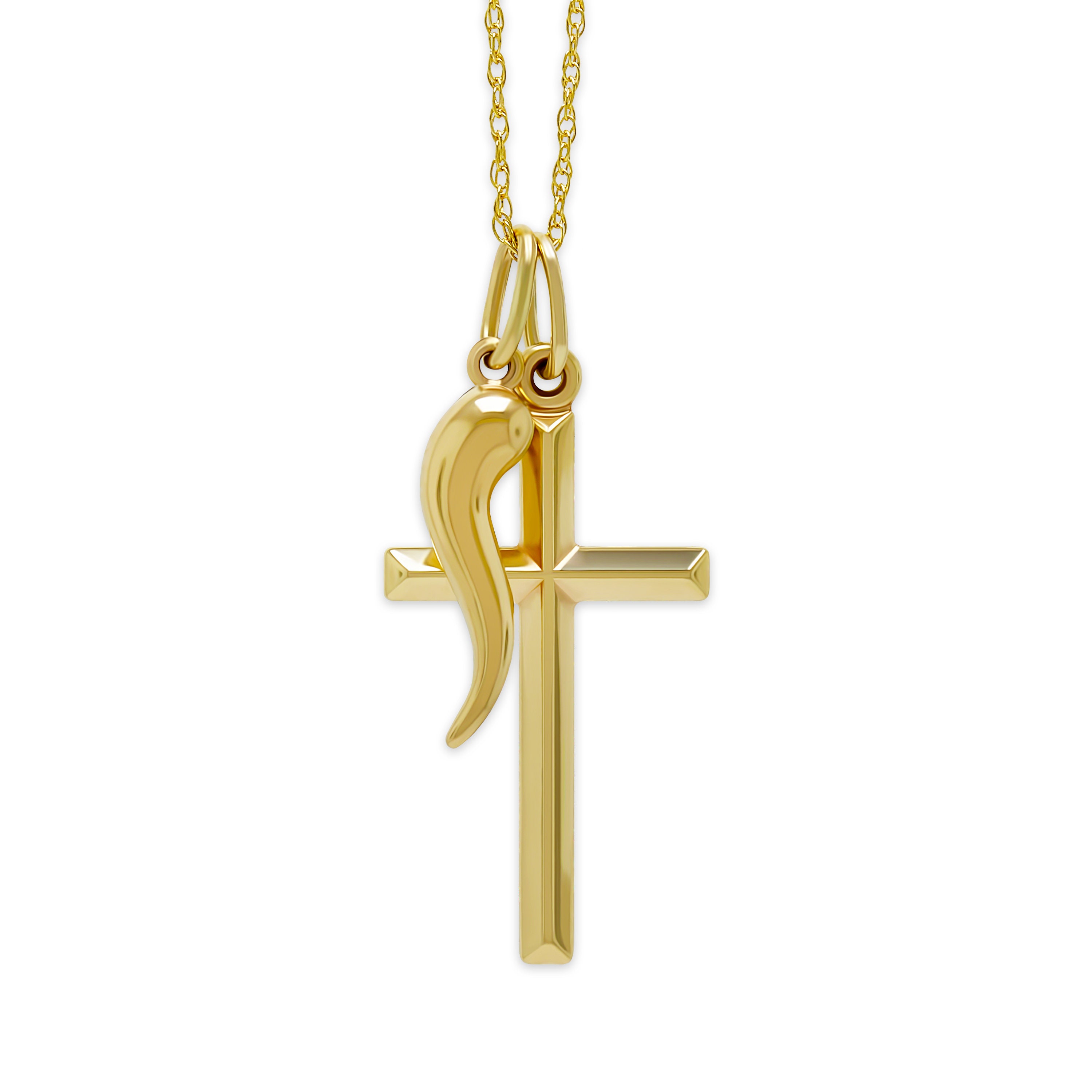 Gold Italian Horn Charm With Cross Charm - 10 Karat Gold