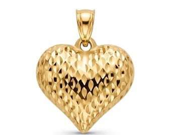 10 Karat Gold Puffed Heart Charm - Diamond Cut Puffed Heart Pendant - Gold 3D Heart Necklace - Optional 10K Gold Chain - Gold Heart Necklace