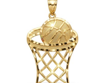 Colgante de aro de baloncesto de oro - Colgante de baloncesto - Oro macizo de 10 quilates con cadena de oro opcional - Collar deportivo