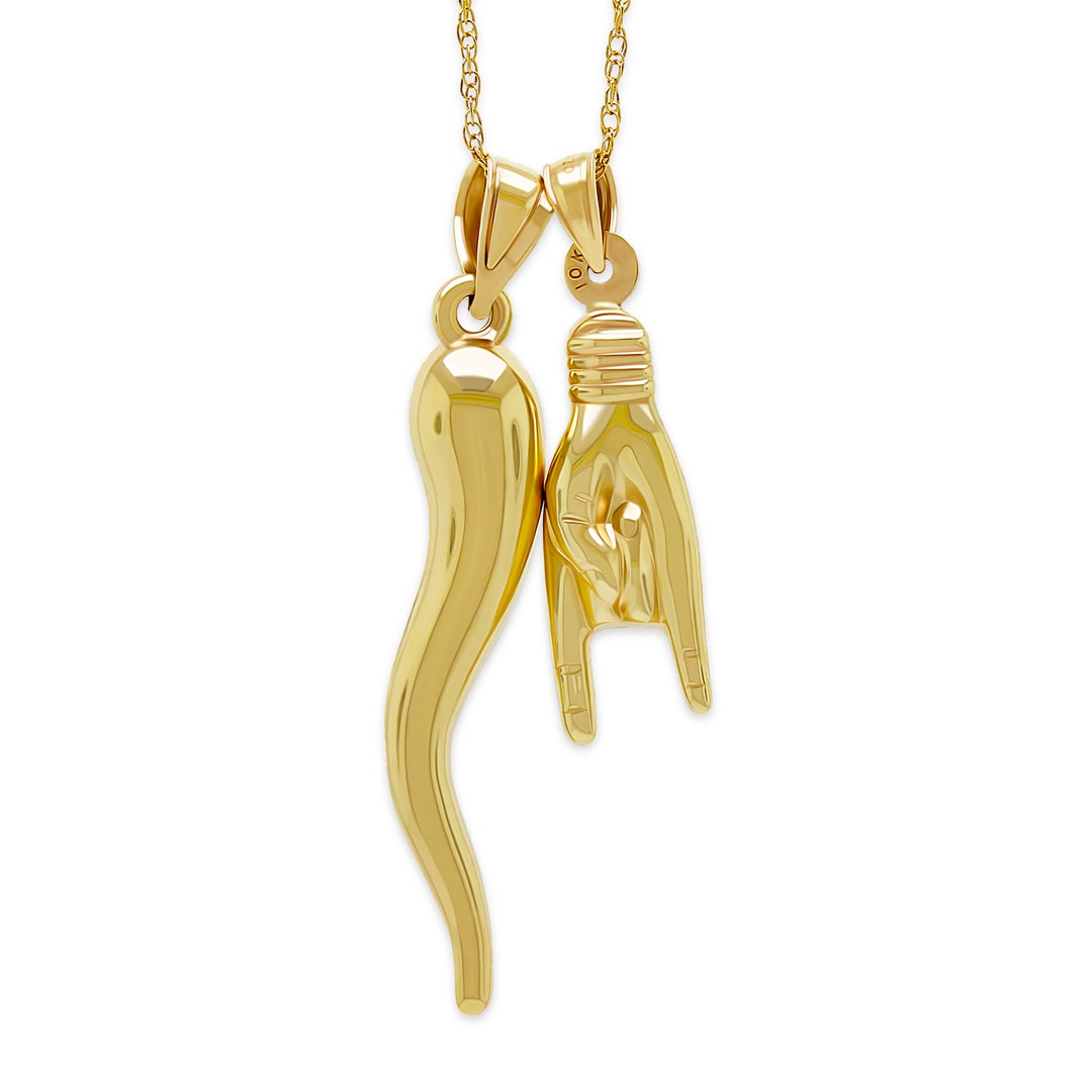 Gold Italian Horn With Hand Sign Pendant 10 Karat Gold Optional Gold Chain 3D Good Luck