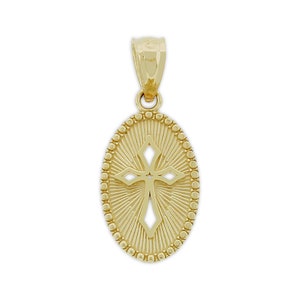 Gold Oval Religious Cross Charm - 10 Karat Solid Gold - Optional Gold Chain - Religious Pendant