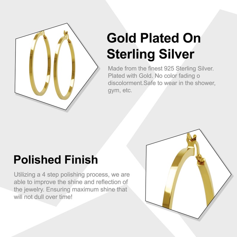 May include: A pair of gold-plated sterling silver hoop earrings. The earrings are made from 925 sterling silver and are plated with gold. They are safe to wear in the shower, gym, etc. The earrings have a polished finish.