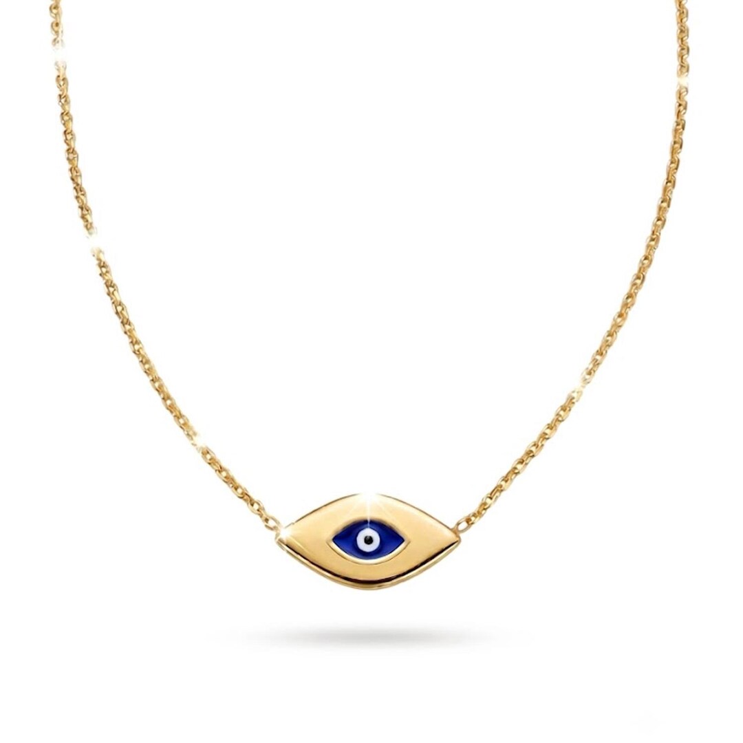 Gold Evil Eye Pendant Necklace - 14 Karat Solid Gold - Adjustable Chain ...