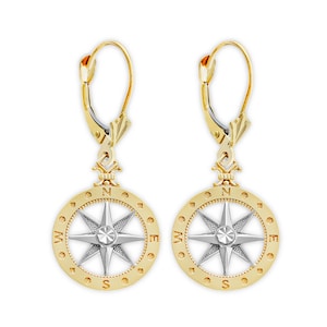 Gold Compass Earrings - Dangle Earrings -  10 Karat Solid Gold - Nautical Earring Jewelry - Compass Jewelry - Gold Earrings