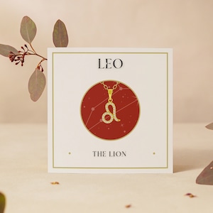 Colar Leo com cartão de mensagem - prata esterlina 925 banhada a ouro com zircônia cúbica - colar horóscopo do zodíaco - colar astrologia
