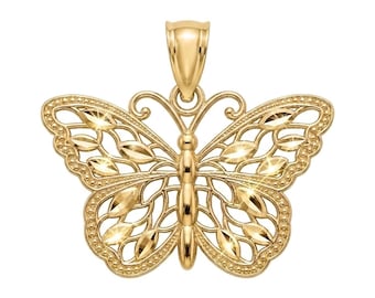 Gold Schmetterling Anhänger Halskette - 10 Karat Solid Gold - Zierlicher Schmetterling Charme - Tier Halskette - Optional 10K Gold Kette - Geschenke für Frauen
