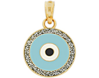Gold Sparkly Petite Evil Eye Charm with Enamel - 14 Karat Solid Gold with Optional Gold Chain - Eye of Horus - Evil Eye Pendant