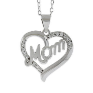 Silver Mom Necklace with Cubic Zirconia - Heart Pendant  - 925 Sterling Silver - Adjustable Necklace 18”-20” - Necklace For Mom