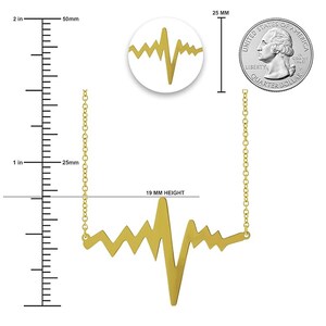 以下が含まれることがあります： 19 mm の高さの心臓の鼓動のペンダントが付いたゴールドネックレス。ペンダントは心電図のスタイリッシュな表現です。ネックレスは幅 25 mm で、サイズ比較のために 1 ユーロ硬貨の隣に示されています。