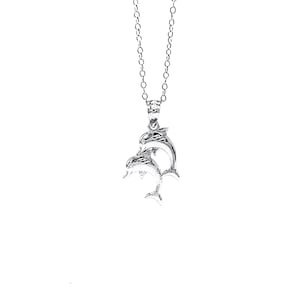 Silver Double Dolphin Necklace- 925 Sterling Silver- Silver Adjustable Necklace 16&quot;-18&quot; - Animal Necklace