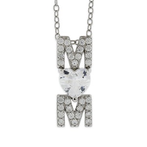 Silver Mom Necklace with Cubic Zirconia Stones - Heart Cubic Zirconia - 925 Sterling Silver - Adjustable Necklace 16&quot;-18&quot;- Mother Day Gift