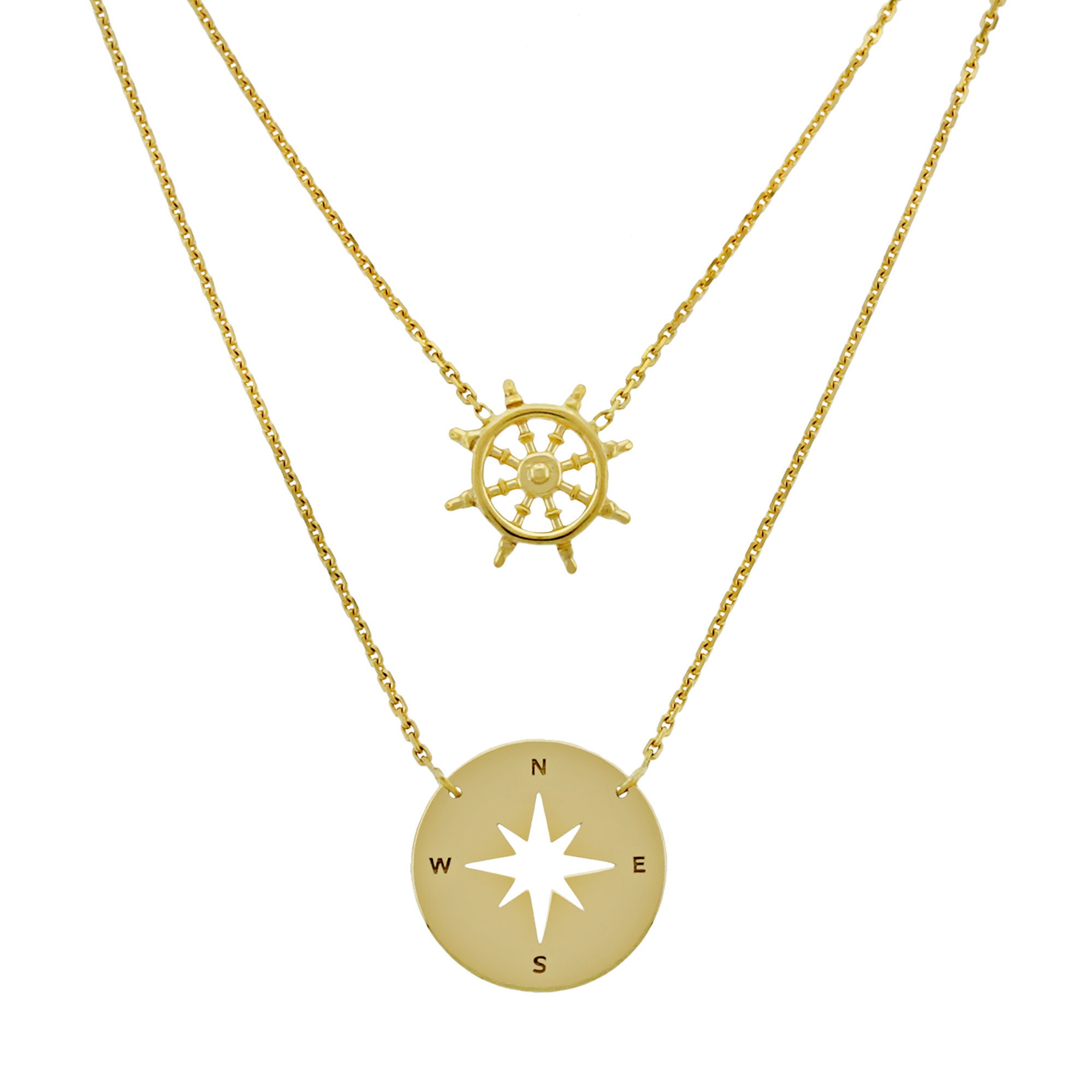 Gold Navigation Compass Layering Necklace 14 Karat Solid Etsy