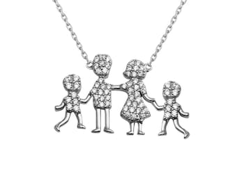 Silber Familien Halskette - 925 Sterling Silber - Cubic Zirkonia - Familie Anhänger Schmuck