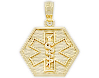 Gouden Caduceus Medical ID Charm - 10 Karat Solid Yellow Gold - Geschenken voor artsen, verpleegkundigen, medisch personeel - Optionele gouden ketting