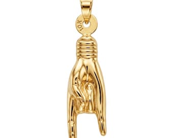 Gold Mano Cornuto Hand Symbol Pendant Necklace - 10 Karat Solid Gold - Mano Cortuno Charm- Optional 10 Karat 0.9mm Gold Chain - Good Luck