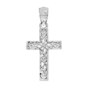 White Gold Filigree Cross Charm - 14 Karat Solid Gold - Cross Pendant - Religious Cross Necklace