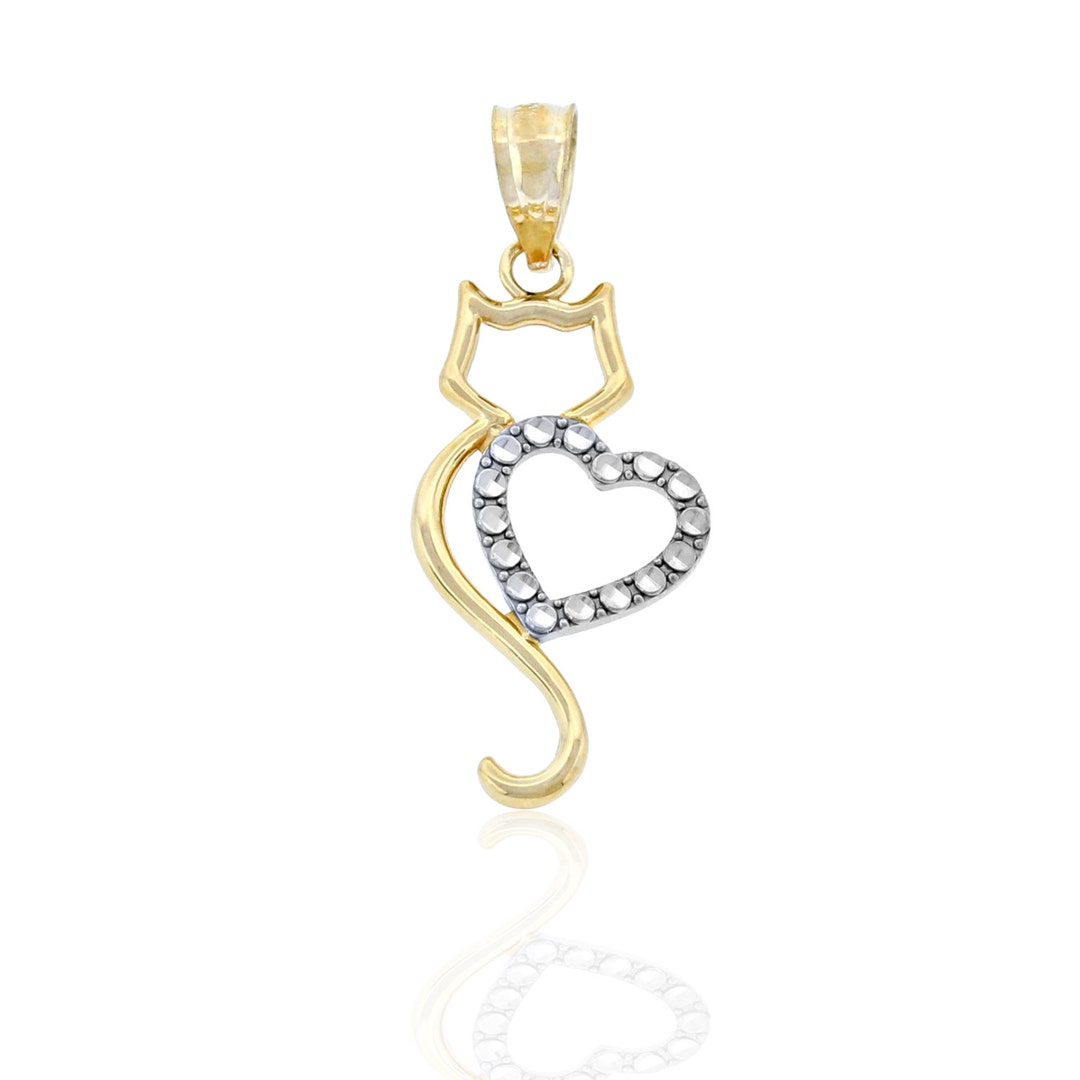 Gold Cat With Heart Charm 10 Karat Solid Gold Animal Necklace Cat