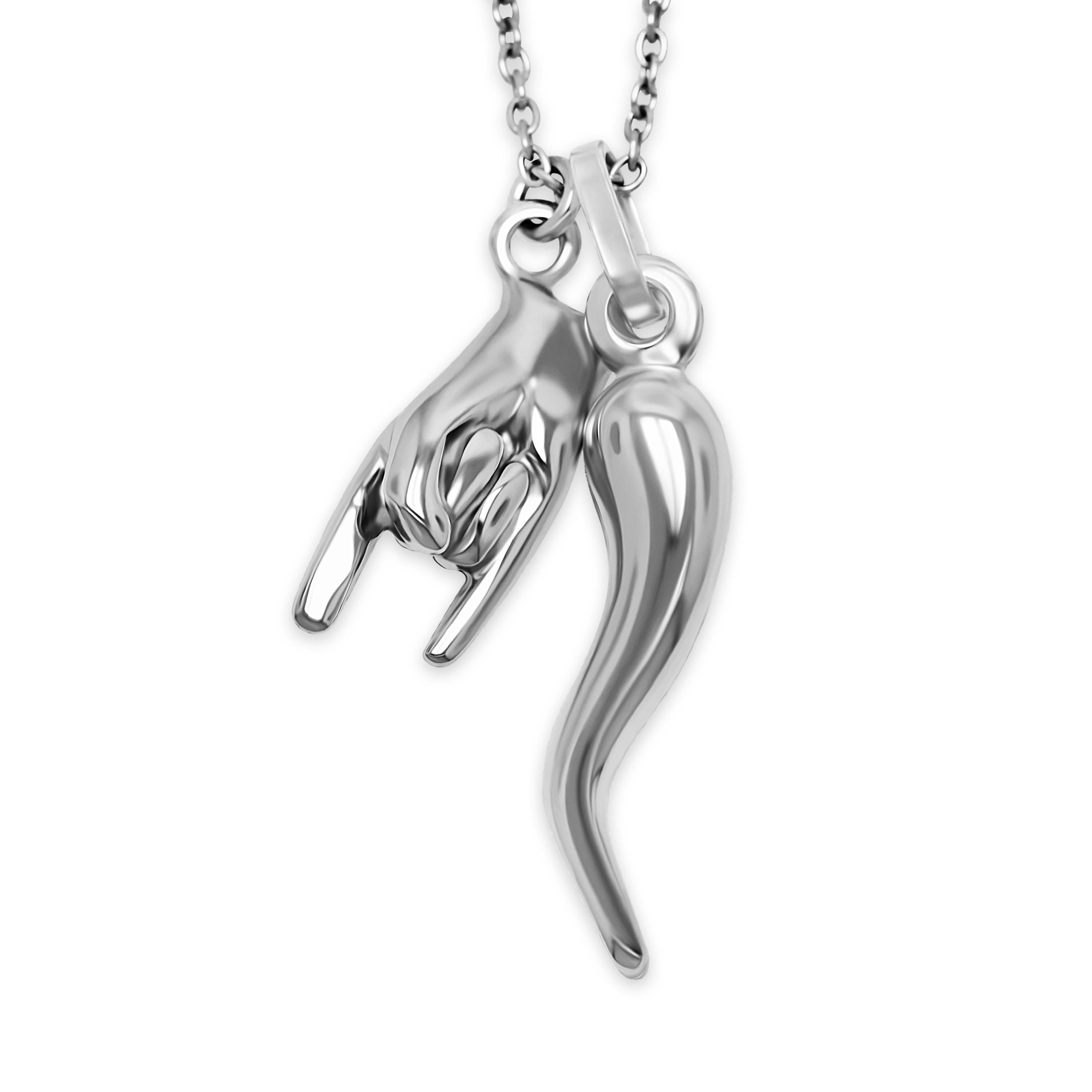 Silver Italian Horn With Hand Sign Necklace - 925 Sterling Silver