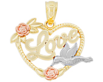Gold Floral Heart with Hummingbird and Love Script Charm - 14 Karat Solid Gold - Heart Pendant Necklace - Optional Gold Chain